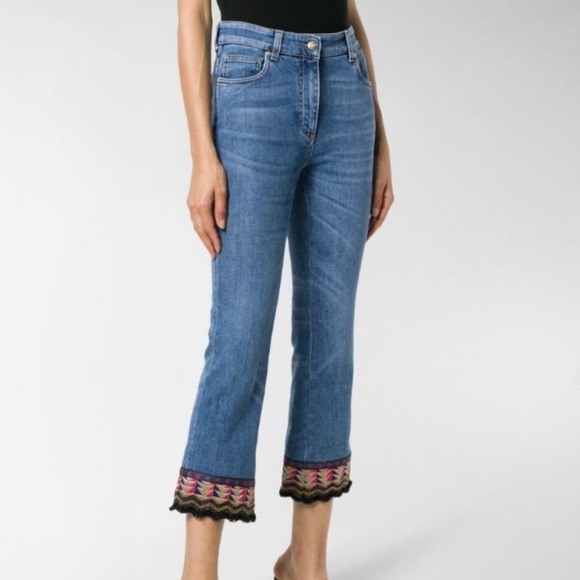 Etro Cropped Flare Beaded Fringe Embroidered Medium Wash Blue Jeans size 28 - Picture 1 of 15